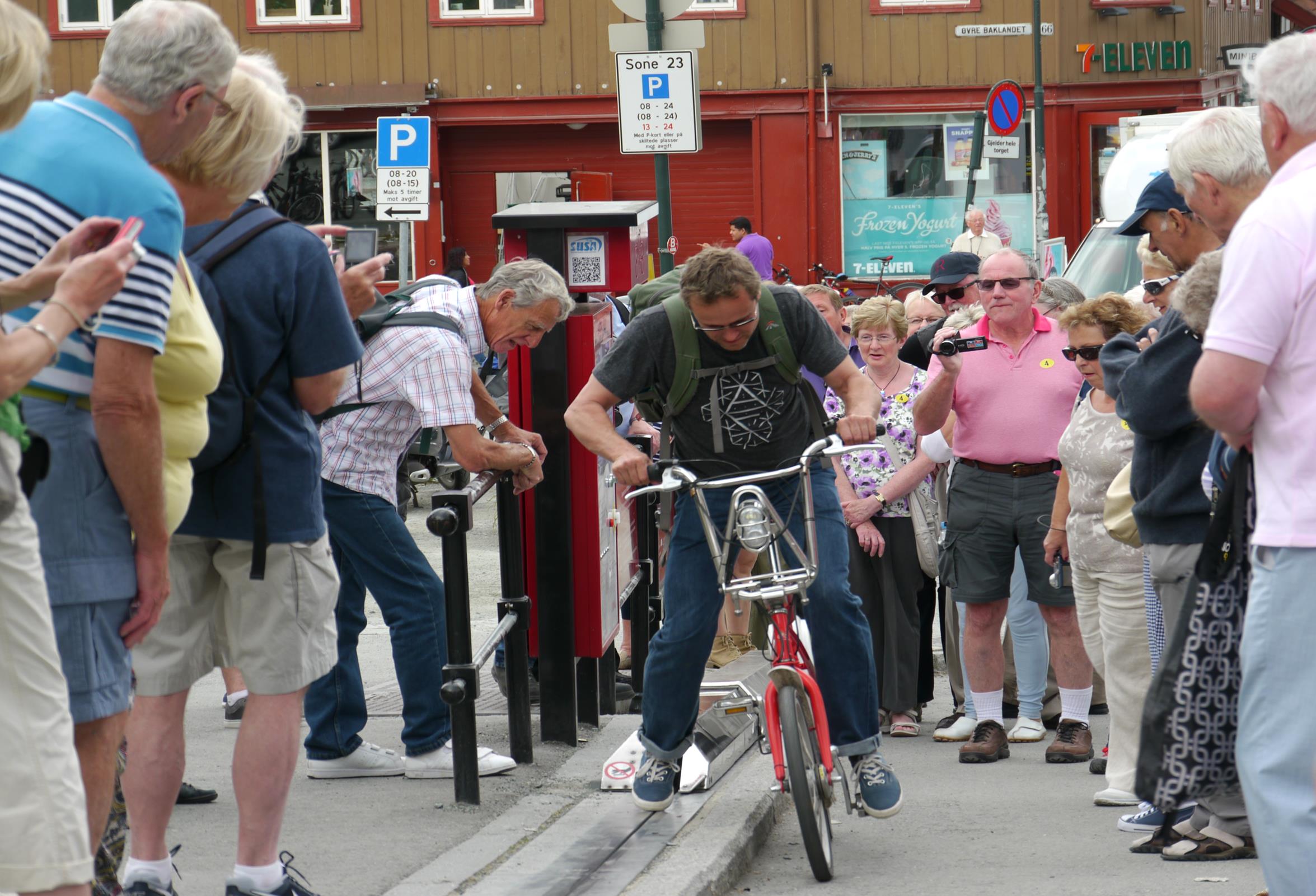 In Trondheim, attempting to ride the world's only bicycle lift. I made it to the top after 3 attempts